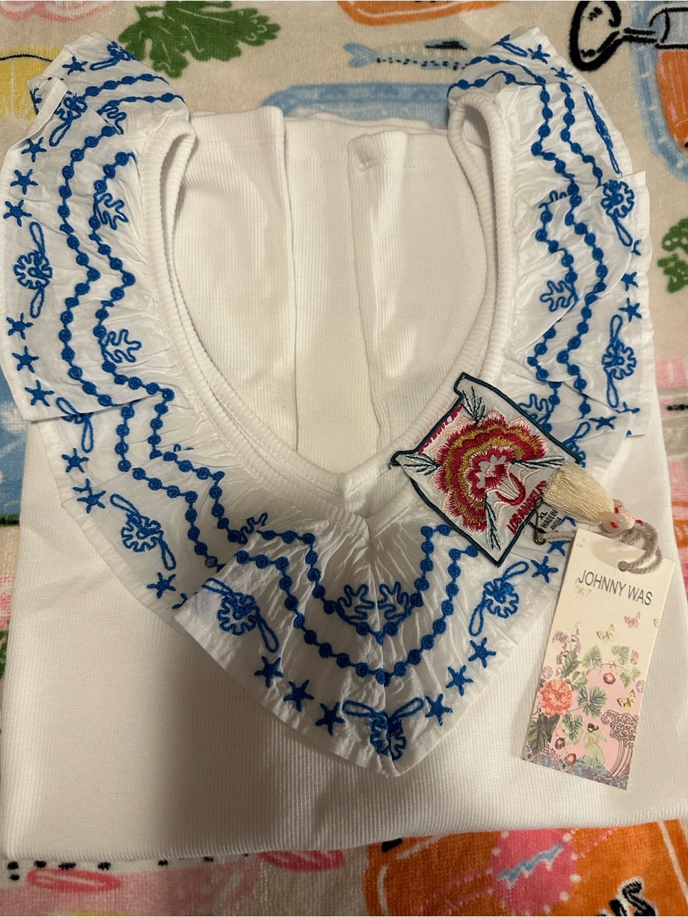 NWT Johnny Was White Tank Top with Blue Embroidered Ruffle Collar